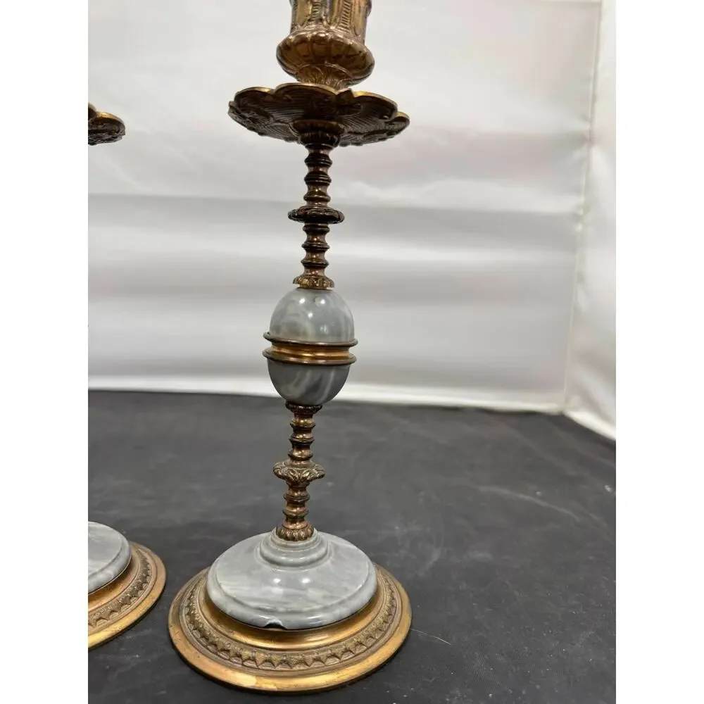 Antique Pair of 19th Century French Napoleon III Grey Marble Bronze Candlesticks